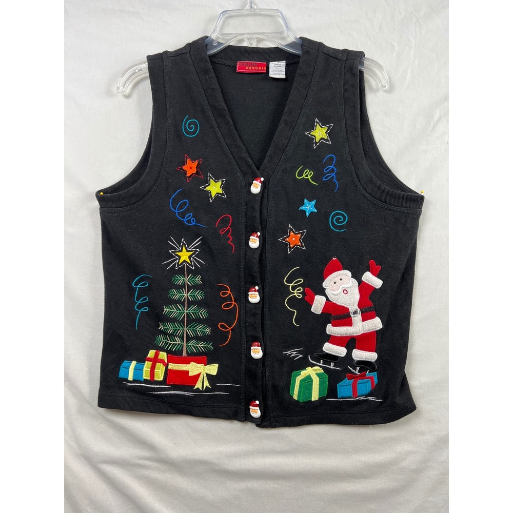 Onque Casuals Christmas Vest Women XL Black Skating Santa Tree Embroidered Knit